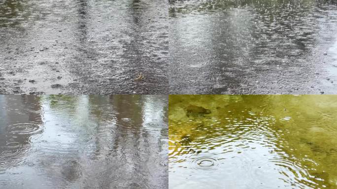 暴雨大雨，下雨水面雨滴，雨水掉落溅起水花