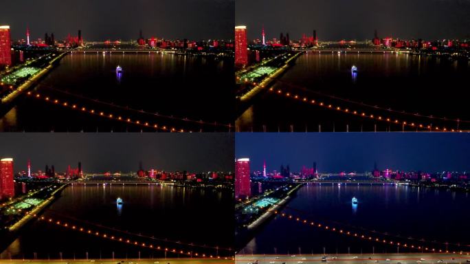 湖北武汉鹦鹉洲大桥夜景航拍