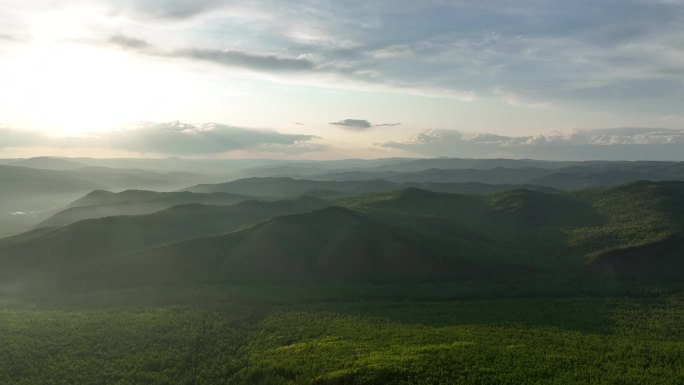 航拍大兴安岭绿色山岭苍茫林海