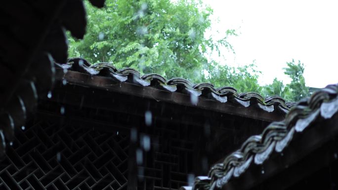 4K屋檐下雨空镜