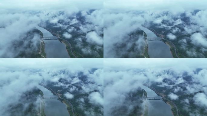 高空航拍云海湖景桥梁自然风光