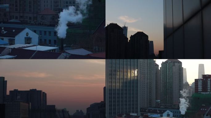 冬天早晨北京城市空镜大楼烟囱楼顶天空朝霞