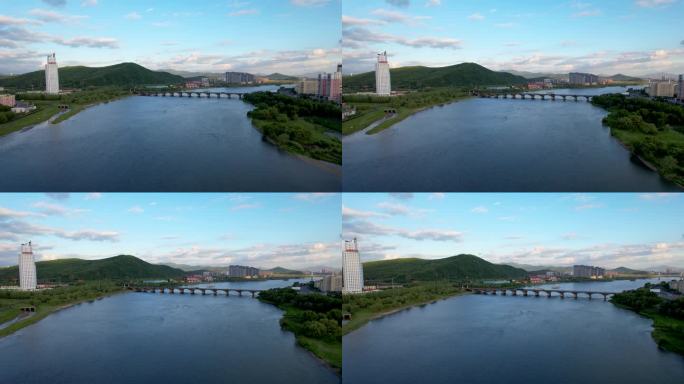 吉林龙潭山夏季自然风光松花江城市建筑航拍
