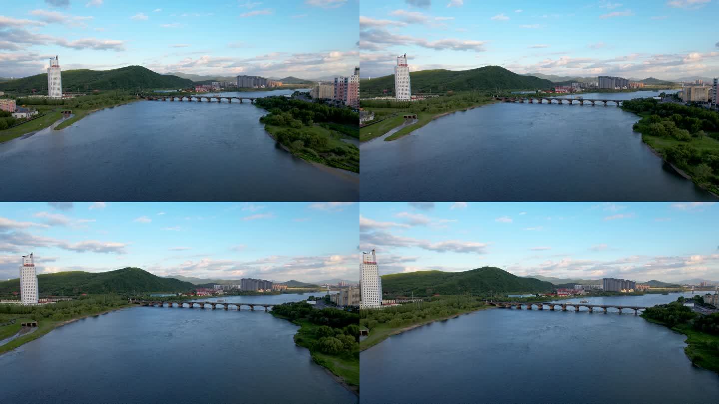 吉林龙潭山夏季自然风光松花江城市建筑航拍