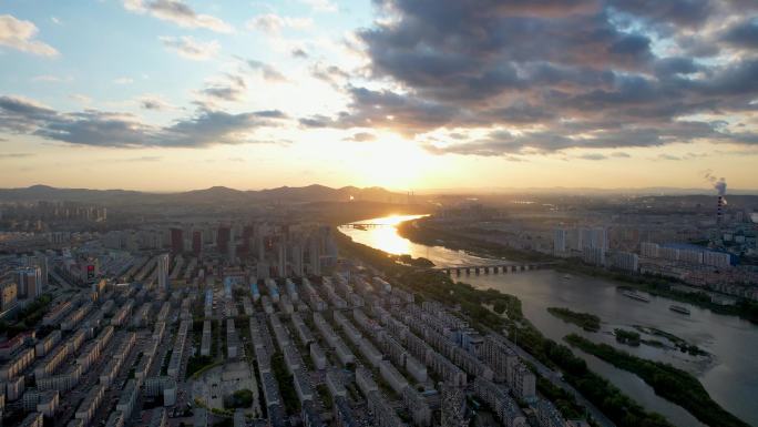 吉林市城市风景松花江夕阳落日建筑风光航拍