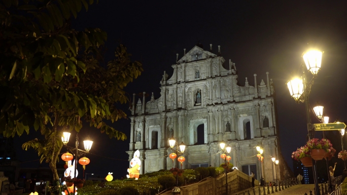 4K澳门大三巴牌坊夜景街景素材