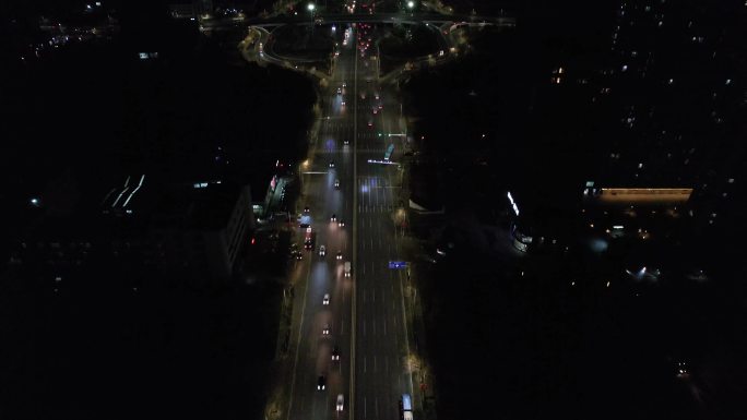 夜晚城市马路车公路航拍城市夜景