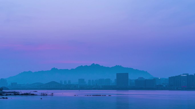 青岛唐岛湾航拍延时夕阳日落城市都市灯光