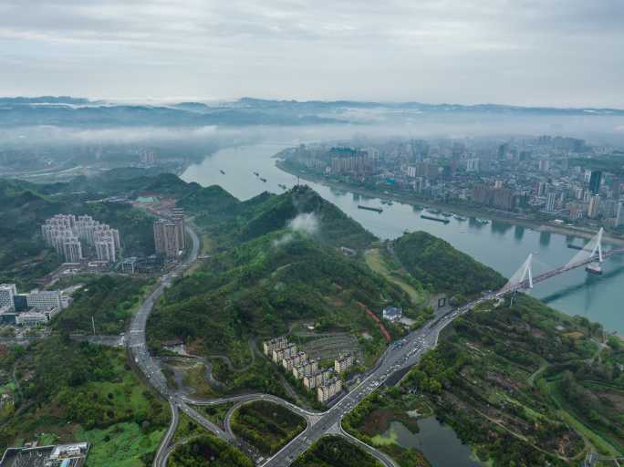 点军宜昌市沿江晨雾城市大景