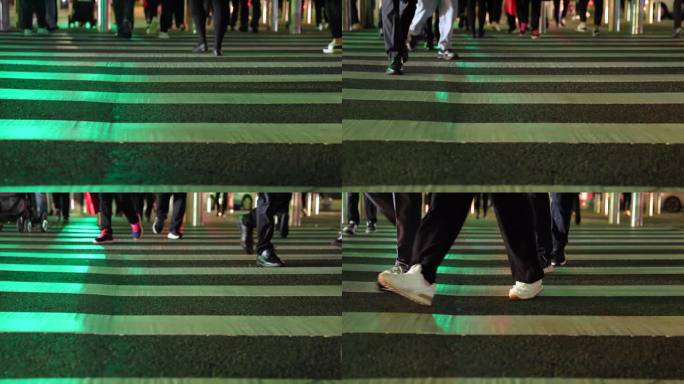 夜晚上班族过马路斑马线人流步伐脚步