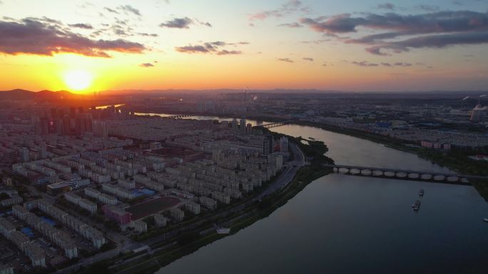 吉林市城市风景松花江夕阳落日建筑风光航拍