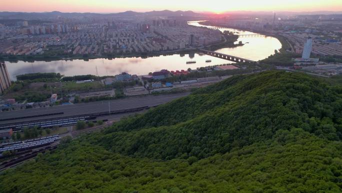 吉林市城市风景松花江夕阳落日建筑风光航拍