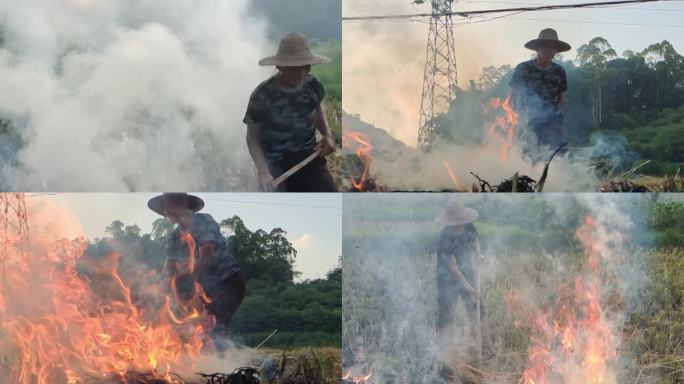 农民夕阳劳作 一个农民 农村薄雾火烟雾霾