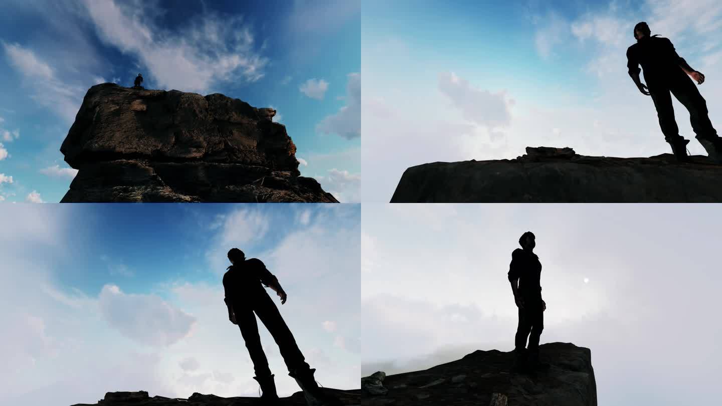 男人站在山顶 瞭望远方 男人背影 剪影