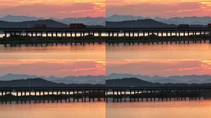 浙江高速公路高架桥傍晚夕阳晚霞水面倒影车