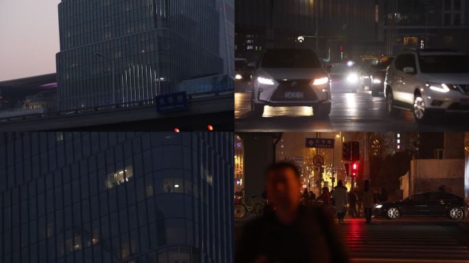 城市夜晚街景车流路灯红路灯行人过马路大楼