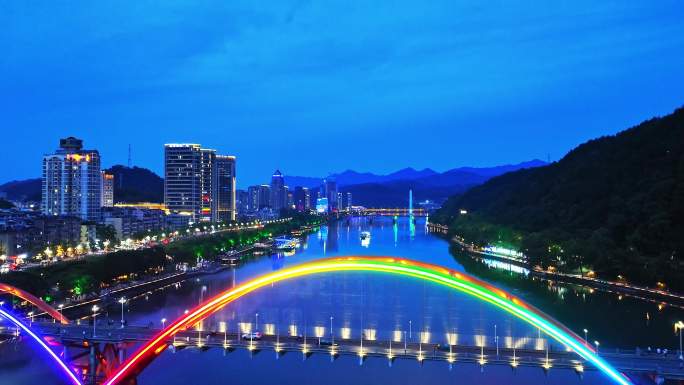 航拍杭州市建德市新安江镇夜景