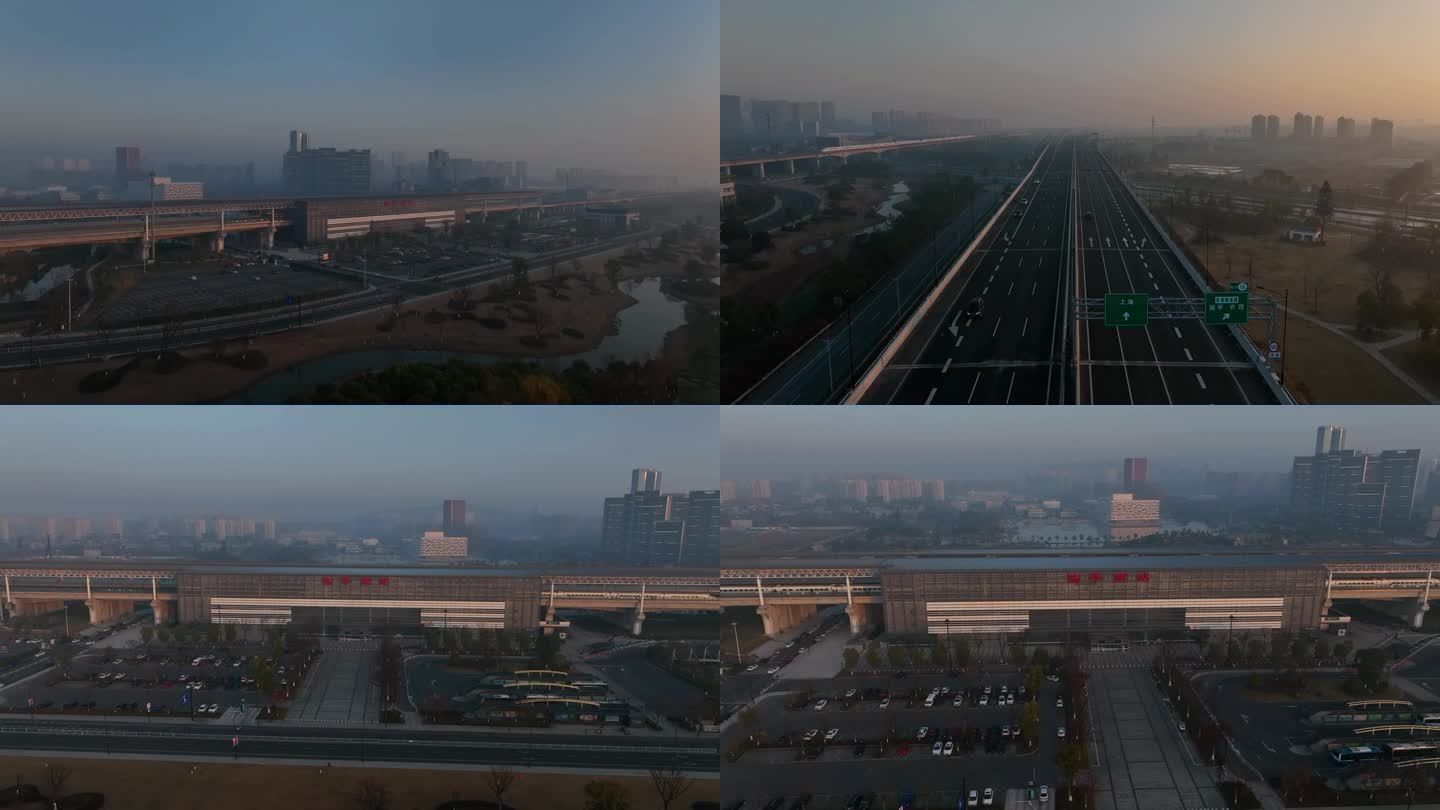 4k航拍清晨杭州临平高铁站和高铁列车