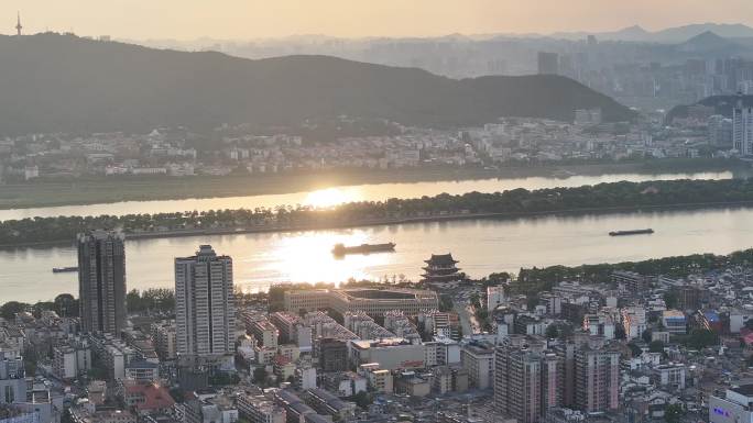 长沙 湘江 杜甫江阁 晚霞 航拍