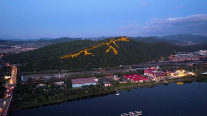 吉林龙潭山夜景巨龙松花江城市风光航拍