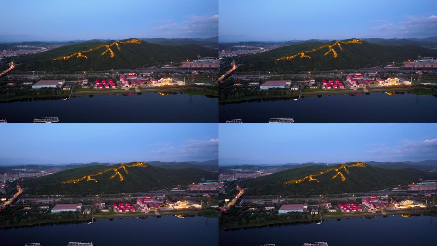 吉林龙潭山夜景巨龙松花江城市风光航拍