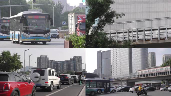 城市早晨街景骑行上班车流城市生活烈日炎炎