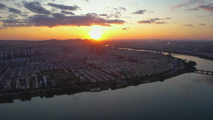 吉林市城市风景松花江夕阳落日建筑风光航拍