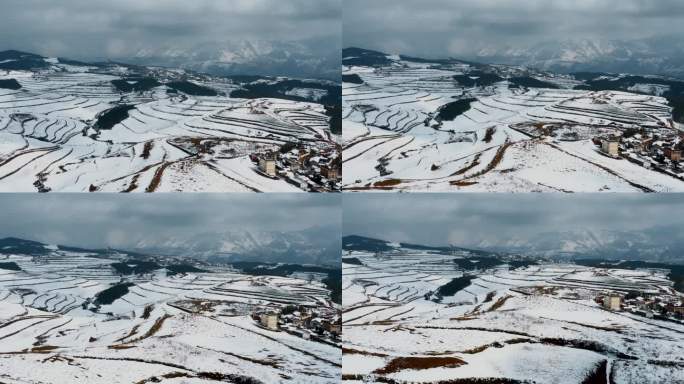 冬季山区雪景自然风光视频积雪覆盖耕地田野