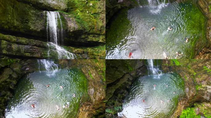 户外游泳露营瀑布玩水生态养生温泉环境天然