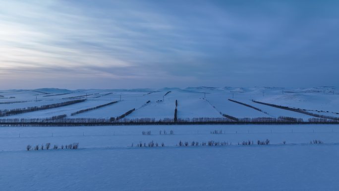 航拍严冬中的辽阔暮色雪原农田