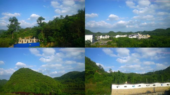 高铁行车 窗外田园风光 蓝天白云