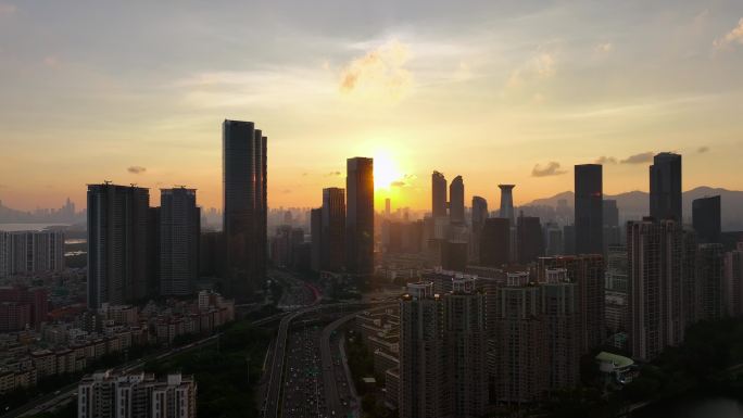 深圳车公庙上下沙晚霞夜景航拍