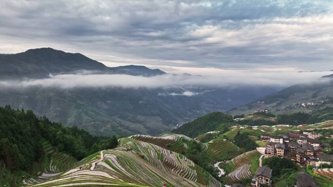 早晨桂林龙脊梯田上空的云和雾