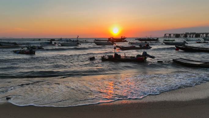 海浪 落日 渔船 避风港