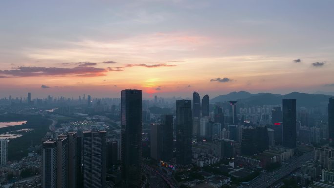 深圳车公庙上下沙晚霞夜景航拍