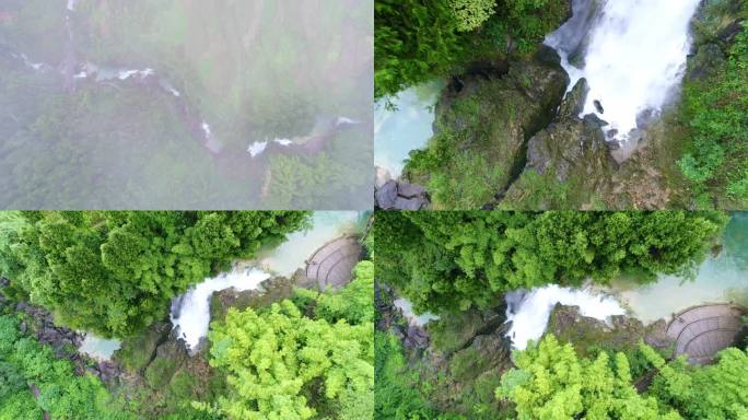 绿水瀑布大自然山水水流风景森林云雾景区