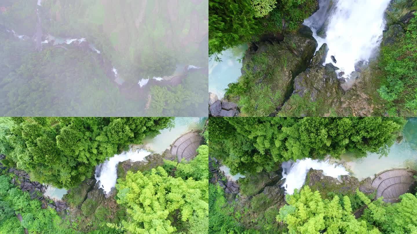 绿水瀑布大自然山水水流风景森林云雾景区