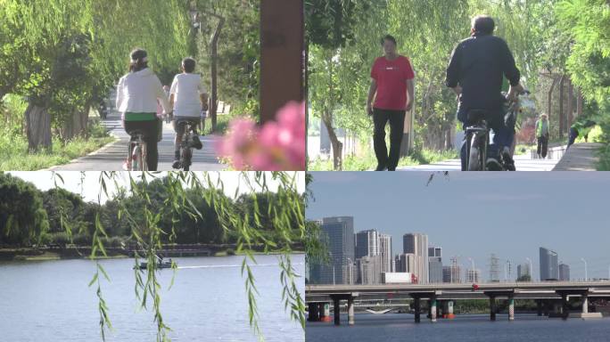 老年幸福生活骑行锻炼跑步退休生活公园晨练