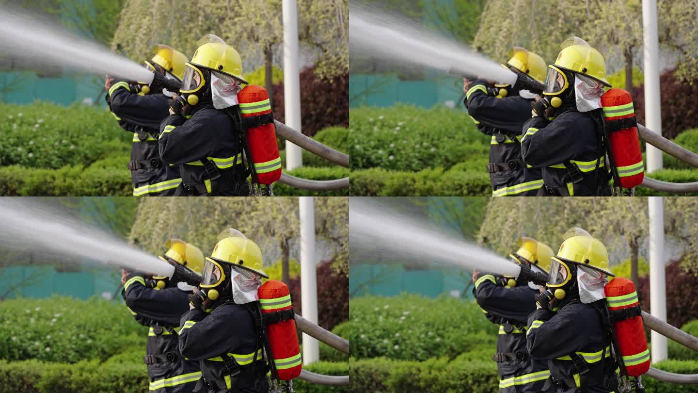 4K超清消防员奔赴火场喷水火灾演练