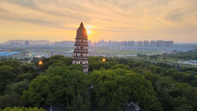 航拍苏州5A景区虎丘塔晚霞4K