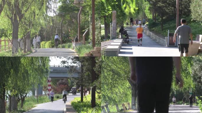 骑车河边生态城市清晨老人晨练健康跑道跑步