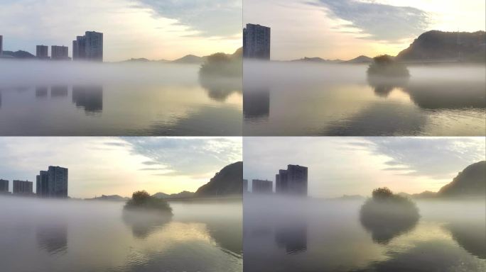 杭州市建德市新安江镇的早晨 朝霞与晨雾