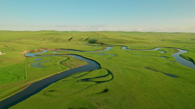 内蒙古呼伦贝尔大草原湿地河流草场蒙古包