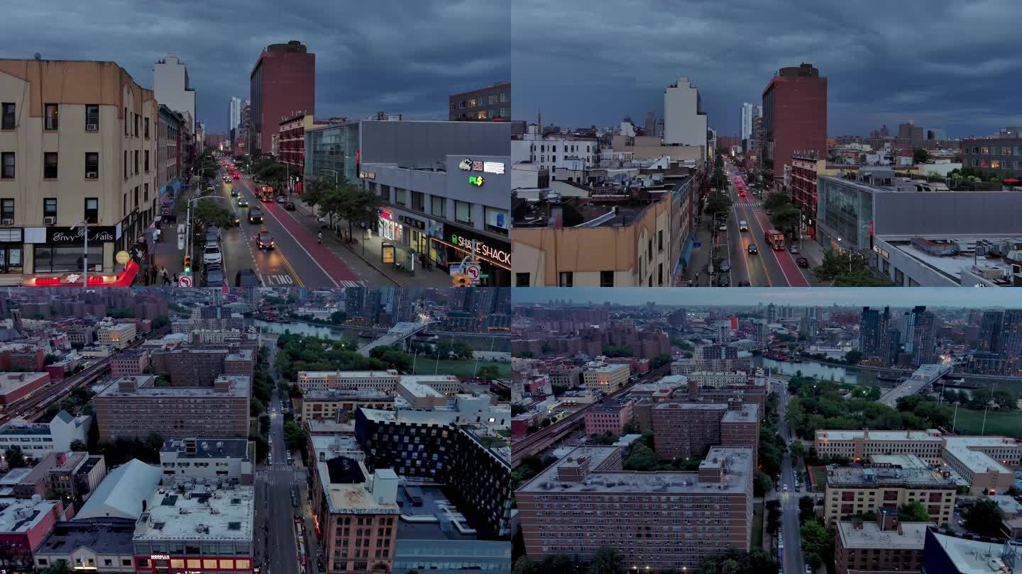 城市航拍纽约曼哈顿哈林区汽车交通夜景灯光