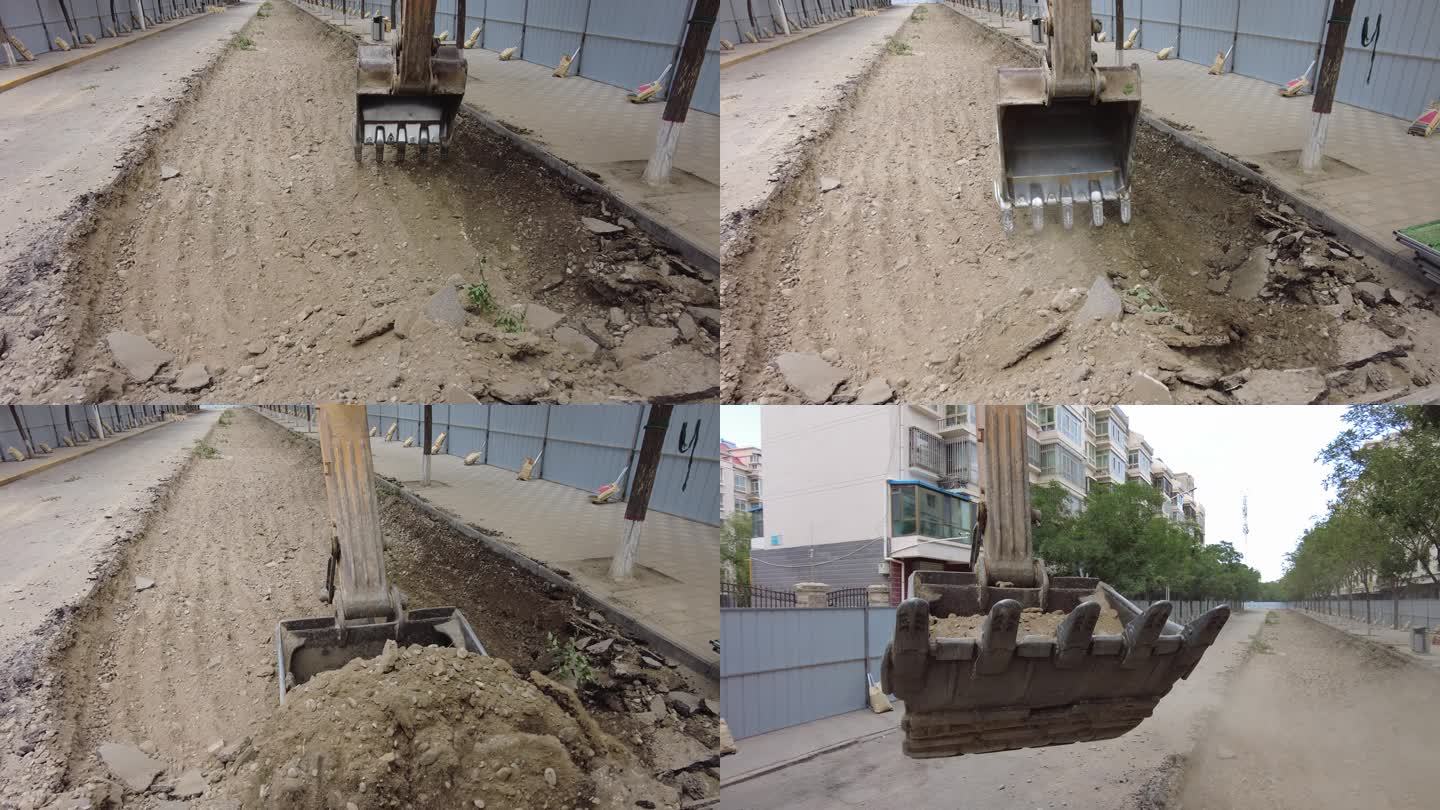 挖掘机揭去城区柏油路面装入渣土车
