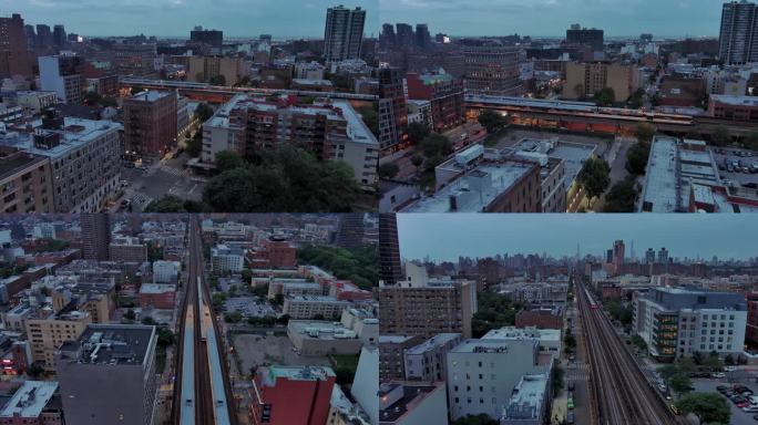 城市航拍纽约曼哈顿哈林区日落夜景灯光大楼