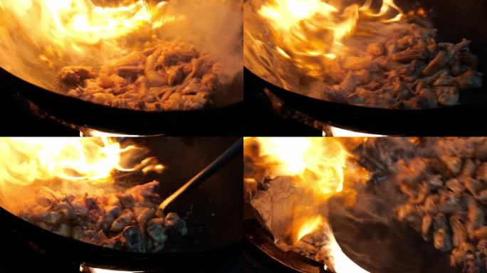 中式厨房大火炒鸡肉
