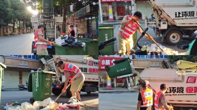 垃圾车回收街道垃圾搬运 垃圾收拾清洁工人