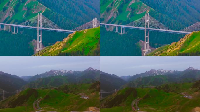 4K航拍新疆伊犁果子沟大桥自然风景