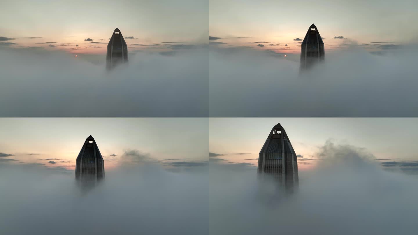 傍晚航拍深圳平安大厦云雾笼罩CBD